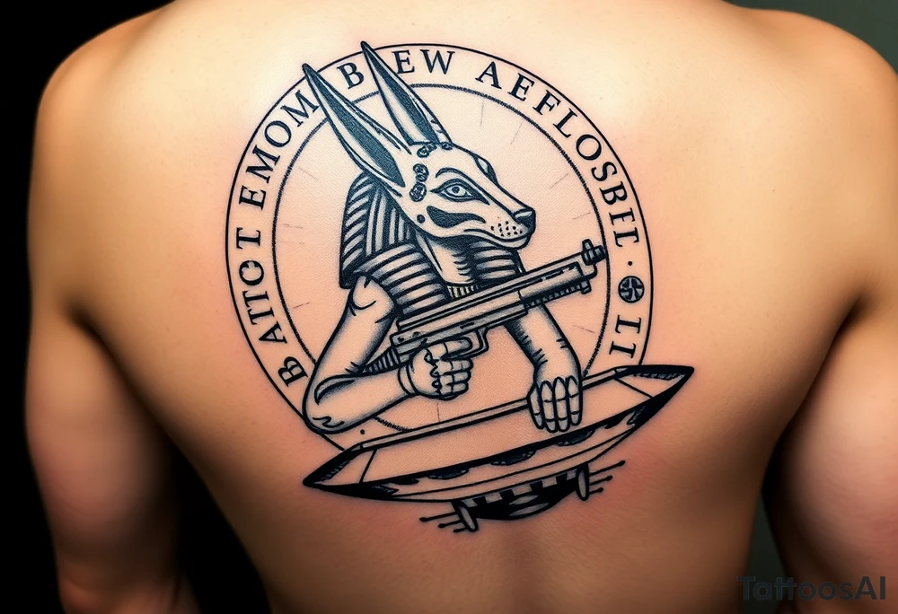"Anubis in a ufo, holding a tommy gun. His jackal head is half-cyborg (exposed circuits). Hieroglyph background spells 'BTC TO THE MOON'.  

Style: Art Deco meets cyber-Egyptian. Black/red/gold ink. Forearm sleeve." tattoo idea