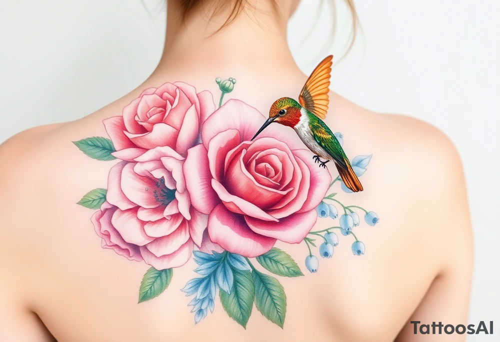 Bouquet of flowers with watercolors carnation, rose, Lily of the valley, delphinium with stems Starting upper middle back to right shoulder With orange humming bird feeding on rose.  Soft tones tattoo idea