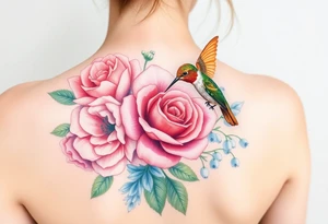 Bouquet of flowers with watercolors carnation, rose, Lily of the valley, delphinium with stems Starting upper middle back to right shoulder With orange humming bird feeding on rose.  Soft tones tattoo idea