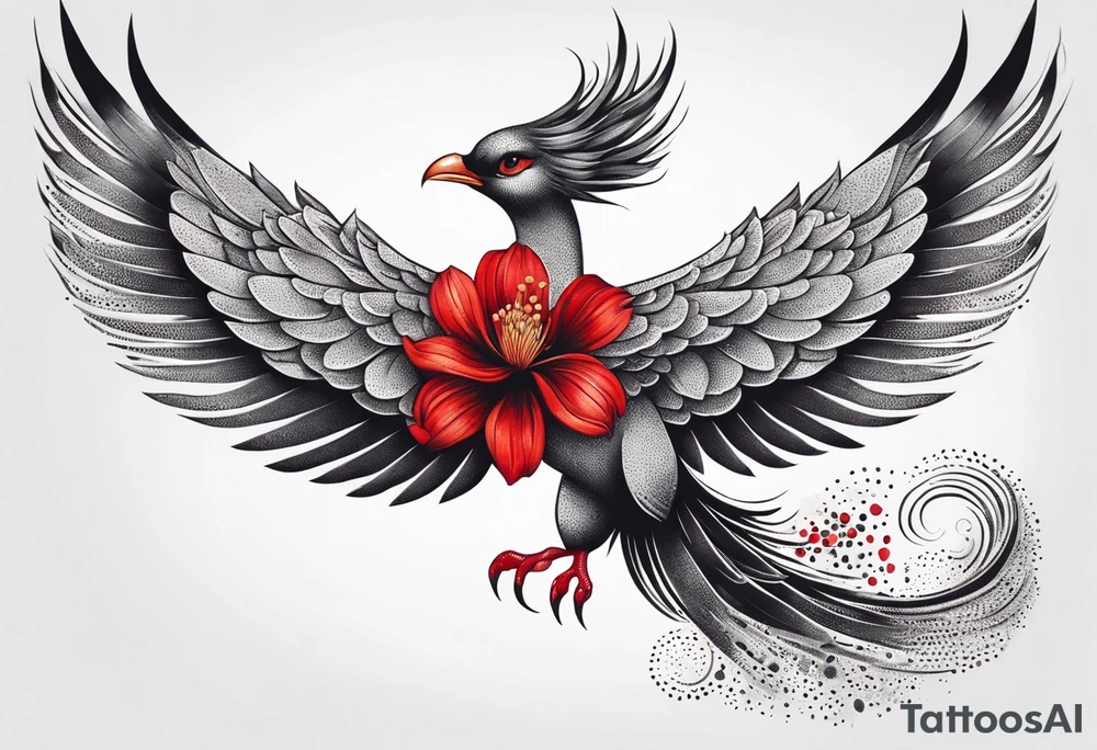 elongated phoenix in flight 
in profile long tail with claws holding red flowers falling tattoo idea