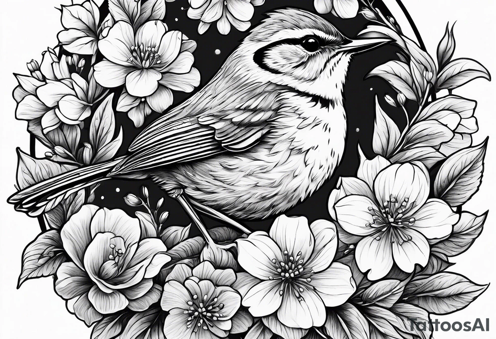 Create a delicate tattoo of a wren nestled among blossoms, highlighting its small size and charming features tattoo idea