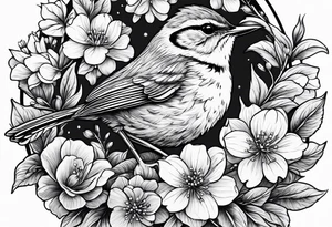 Create a delicate tattoo of a wren nestled among blossoms, highlighting its small size and charming features tattoo idea