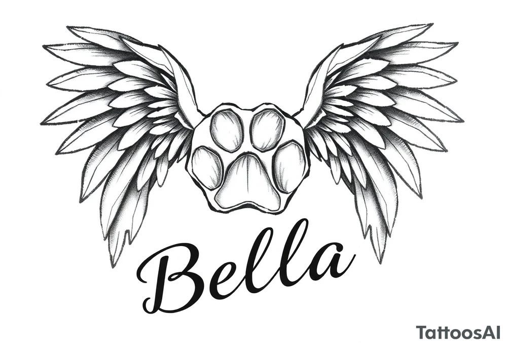 Dog print with angel wings and the name Bella tattoo idea