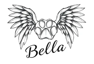 Dog print with angel wings and the name Bella tattoo idea