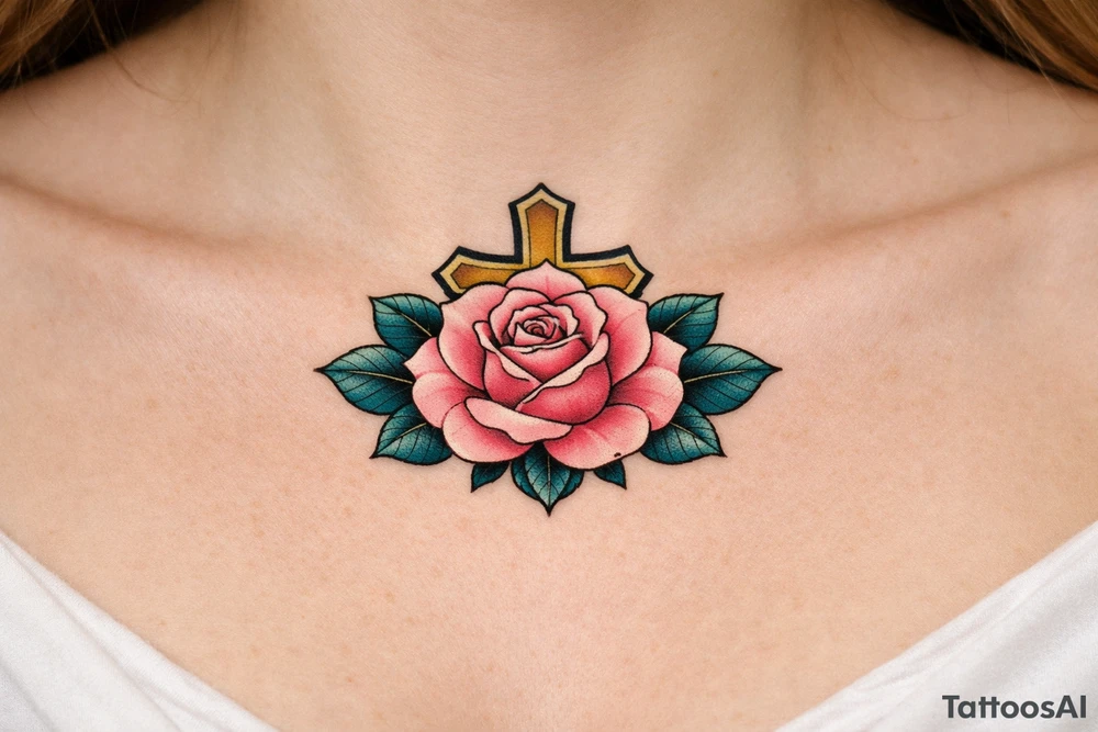 Pink rose , petrol leaves no stem, 
 cross behind it tattoo idea