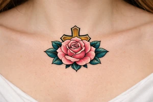 Pink rose , petrol leaves no stem, 
 cross behind it tattoo idea