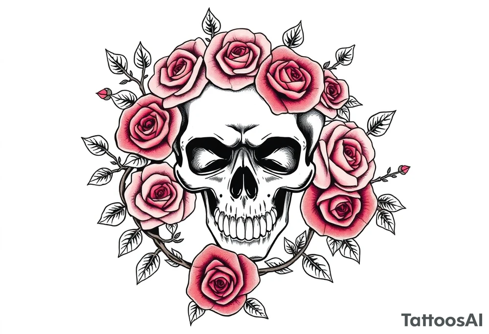 gothic skull intertwined with climbing roses and thorny vines tattoo idea
