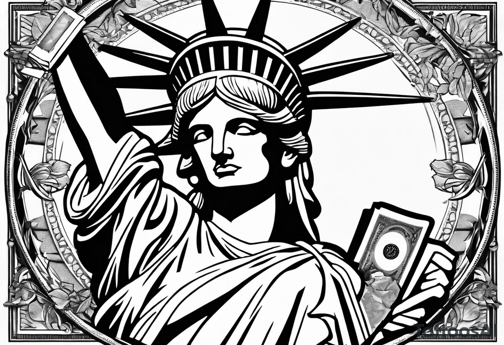 Statue of liberty in handcuffs holding money in his hands tattoo idea