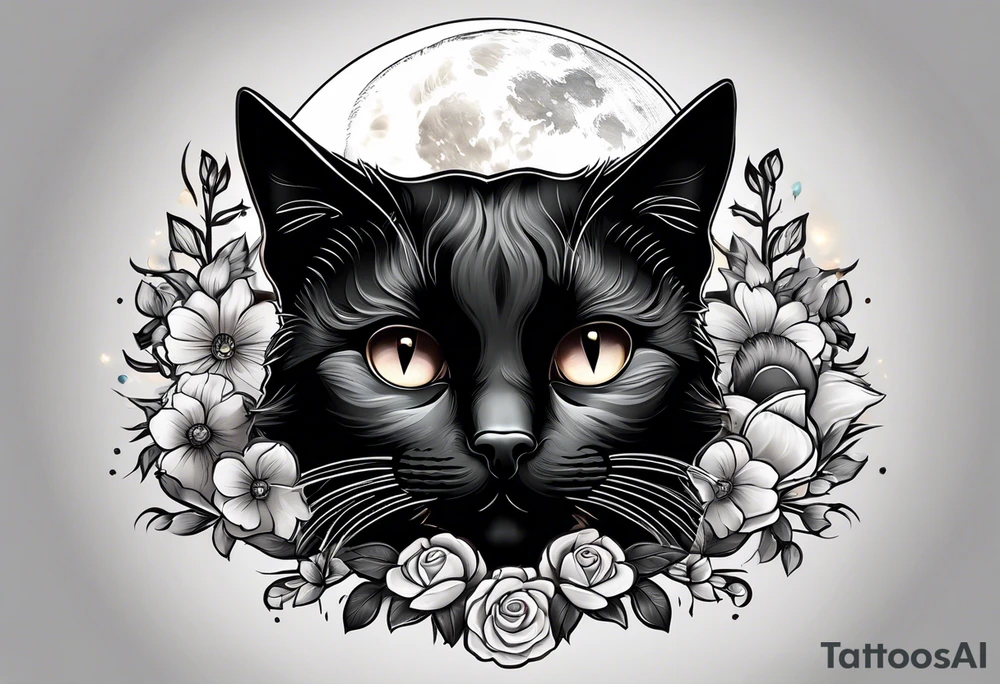 Photo realistic black cat with moon and flowers tattoo idea