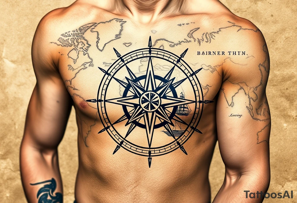antique compass rose overlaid on weathered world map with sailing ships tattoo idea