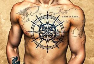 antique compass rose overlaid on weathered world map with sailing ships tattoo idea