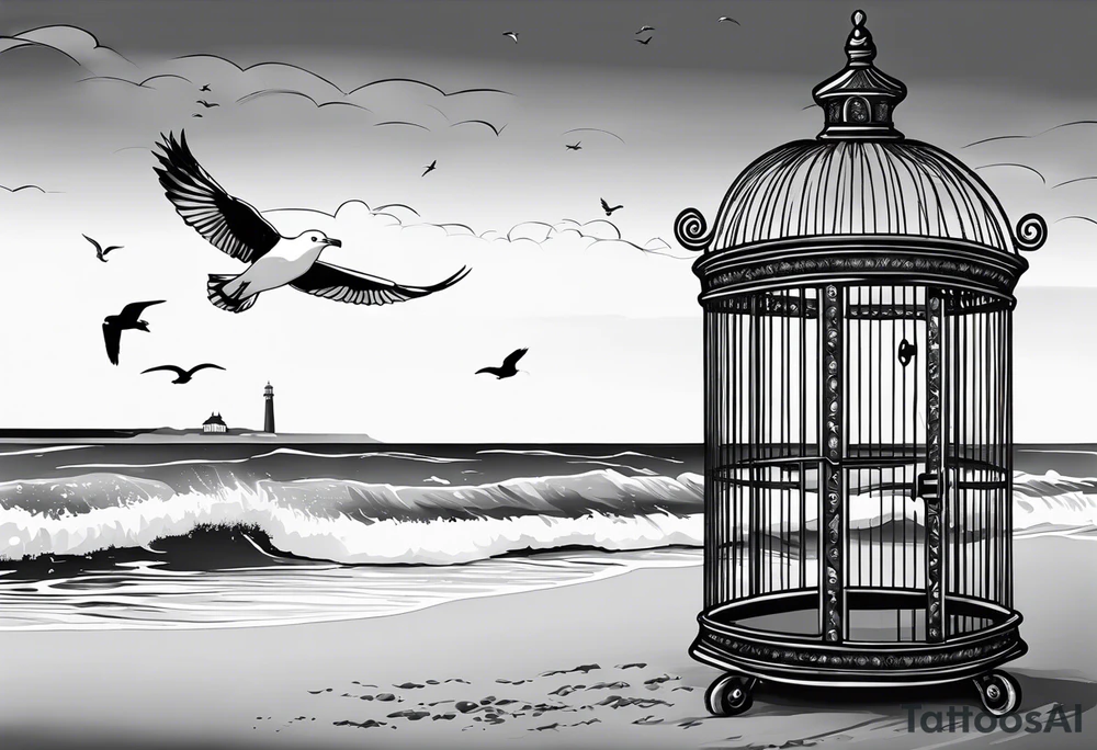 A birdcage with an open door, a seagull flying out
, on the beach, with the words be free tattoo idea