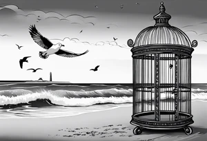 A birdcage with an open door, a seagull flying out
, on the beach, with the words be free tattoo idea