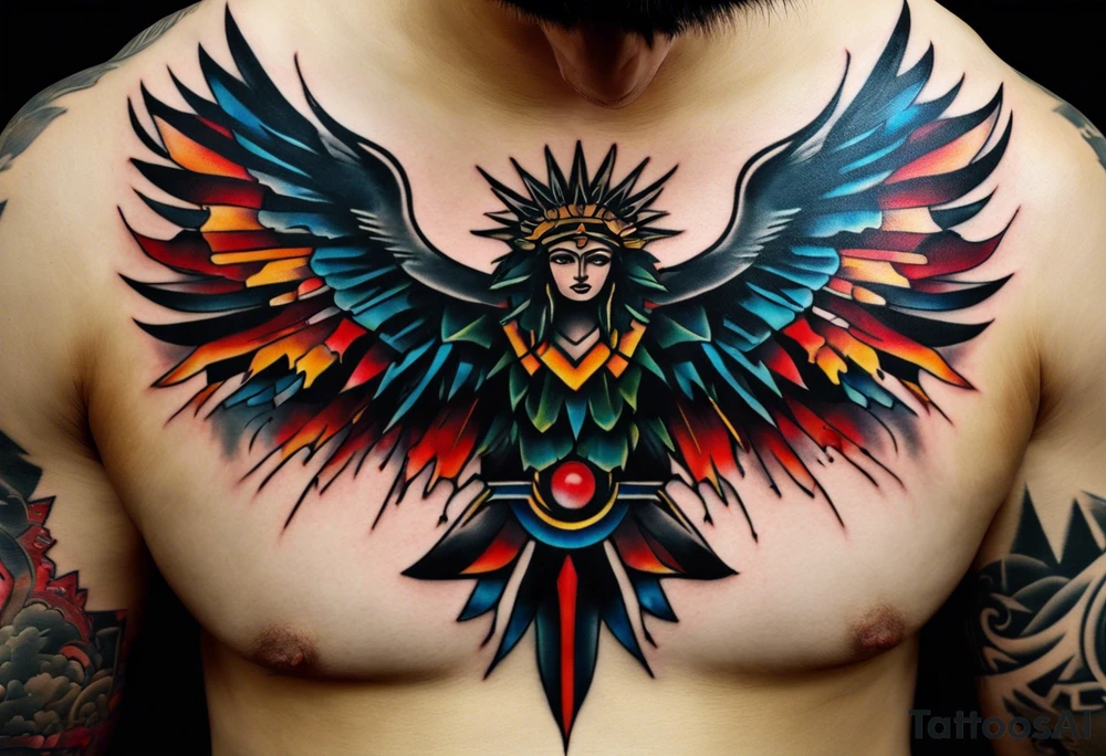 Wide tattoo that appears to be bursting out of the skin, symbolizing freedom. The tattoo should be vibrant and dynamic, with bold lines and colors that evoke a sense of liberation and empowerment. Consider incorporating elements such as broken chains, or other symbols of freedom. The tattoo should be visually striking and thought-provoking, inviting the viewer to reflect on the importance of personal freedom. tattoo idea