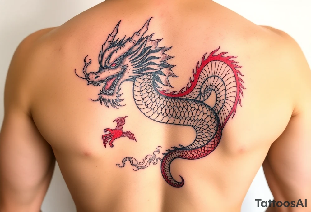 powerful japanese dragon, water background, colour red and blue tattoo idea