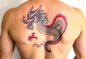powerful japanese dragon, water background, colour red and blue tattoo idea