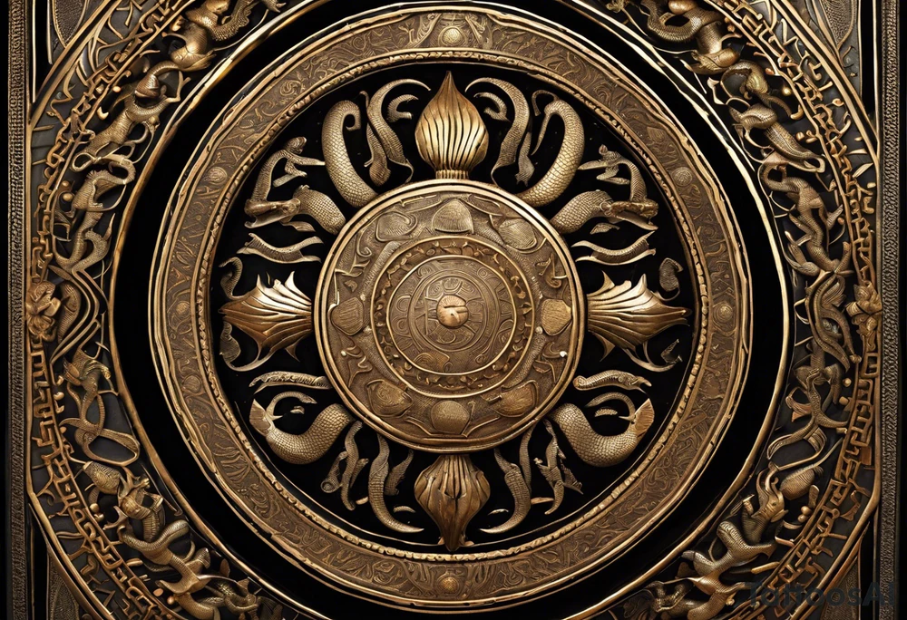 A shield with intricate patterns and engravings, adorned with coiled snakes and scorpions underneath. Rays of light emanate from the shield, signifying spiritual power.Contrast: Bold outlines for the shield and creatures, with detailed patterns.
Detail: Delicately depict the scales of snakes and the segmented bodies of scorpions. tattoo idea