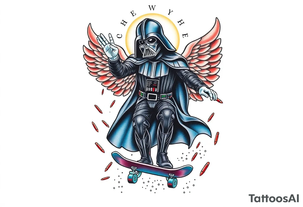 MEMORY TATTOO
Darth Vader skateboarding with hand signal hello in heaven, outdoors, bullets, star wars>blue and red 
"Darth Carter"
12/29/88-01/06/24 tattoo idea