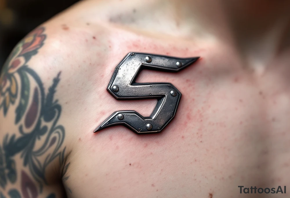 A sleek metallic silver "S" with rivets and industrial texture, like a forged steel emblem. tattoo idea