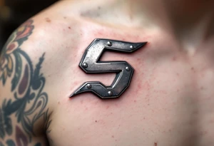 A sleek metallic silver "S" with rivets and industrial texture, like a forged steel emblem. tattoo idea
