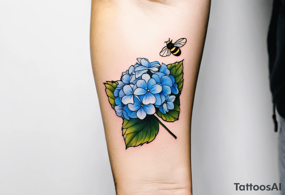 3 in by 2 in minimalist tattoo for forearm of a blue Hydrangea and a very small bee. tattoo idea