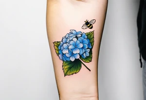 3 in by 2 in minimalist tattoo for forearm of a blue Hydrangea and a very small bee. tattoo idea