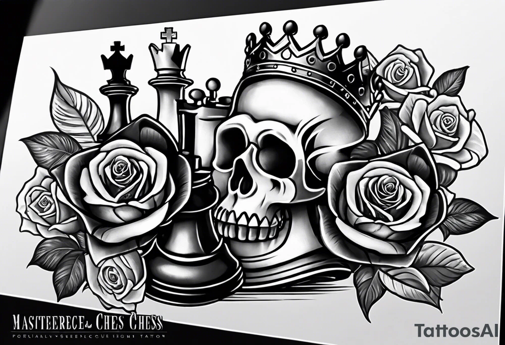 Kind and queen chess with a rose and king skull in the back round ( for a forearm) tattoo idea