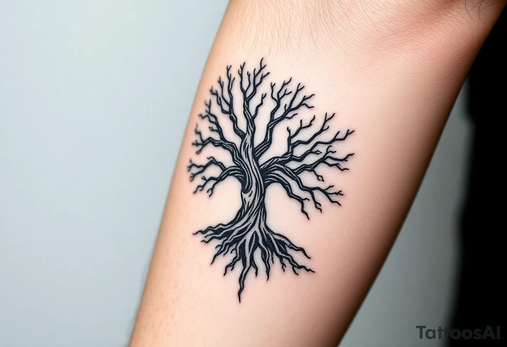 mystical tree of life with cosmic roots and celestial branches old Norse tattoo idea