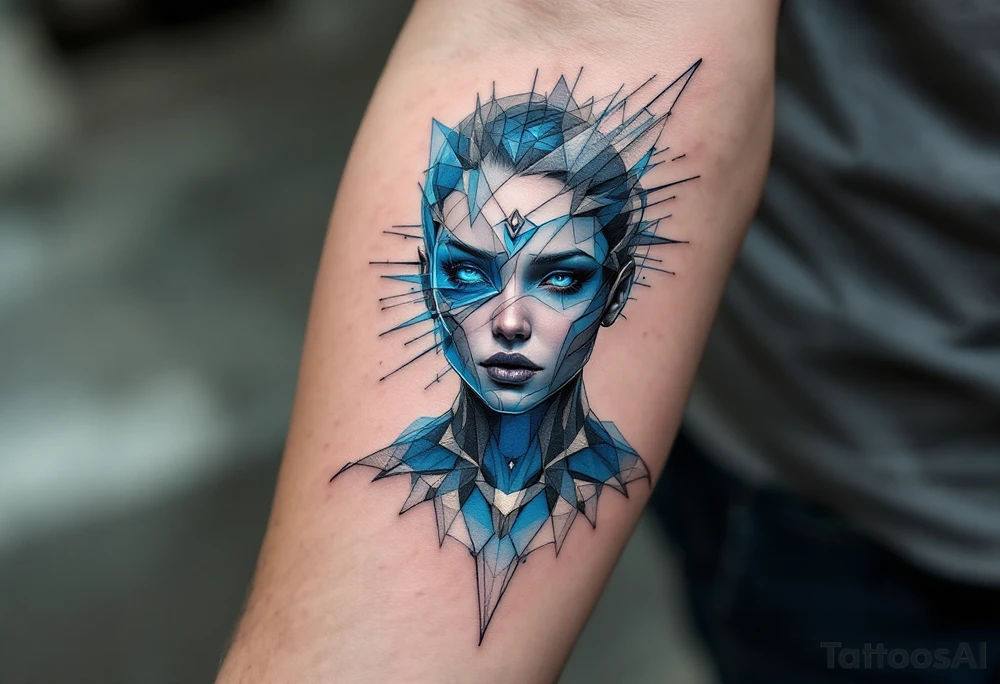 Jeanine’s cold, calculating nature captured through a geometric fractal design, with sharp lines extending outward from her figure. The background features shades of cool blue and silver, representing logic and control. Cool blue, silver, gray. tattoo idea