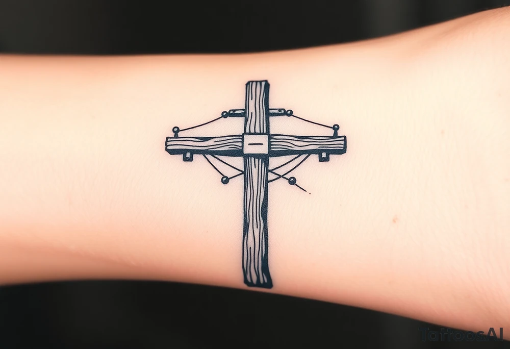 a wooden 12kv distribution pole with electrical lines. Make the pole a cross that has a hidden resemblance to god. tattoo idea