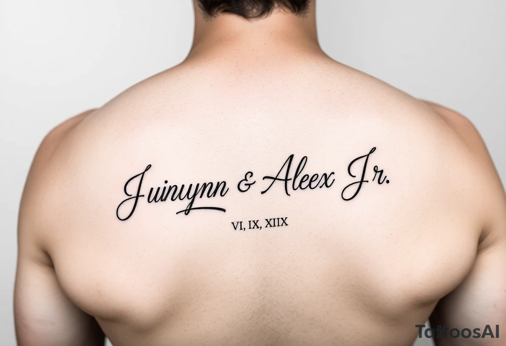 Junelyn & Alex Jr in cursive font VI·IX·MMXIX VII·XXVII·MMXX on a forearm tattoo idea
