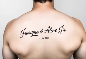 Junelyn & Alex Jr in cursive font VI·IX·MMXIX VII·XXVII·MMXX on a forearm tattoo idea