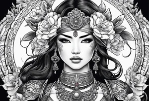 ornate beautiful woman warrior with weapon & floral arch background tattoo from head to torso tattoo idea