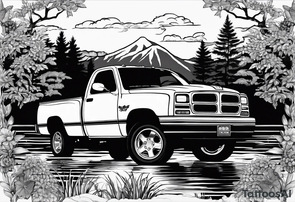 1996 dodge ram 1500 single cab short bed in front of pond tattoo idea