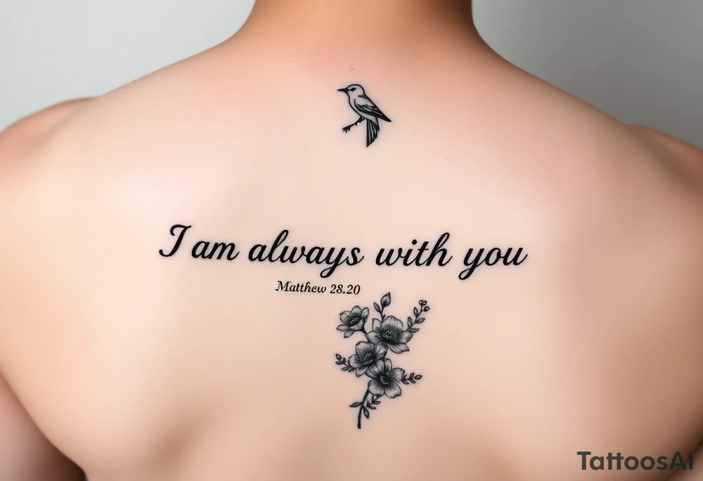 Bible verse “I am always with you Matthew 28:20” going horizontal down the spine  with a dainty bird on top with small flowers on the bottom tattoo idea