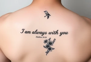 Bible verse “I am always with you Matthew 28:20” going horizontal down the spine  with a dainty bird on top with small flowers on the bottom tattoo idea