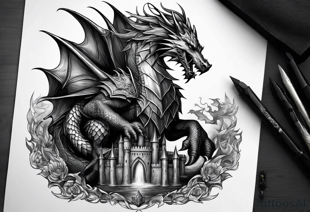 knight, dragon, castle tattoo idea