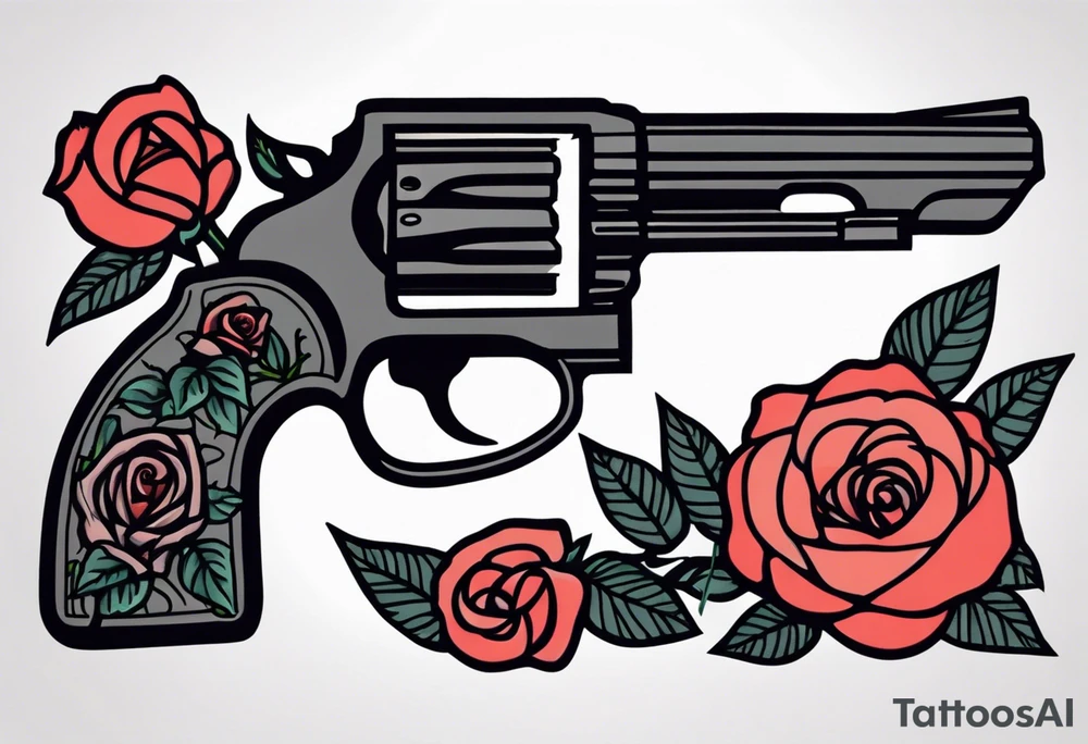 Revolver, roses, plants, pentagram tattoo idea