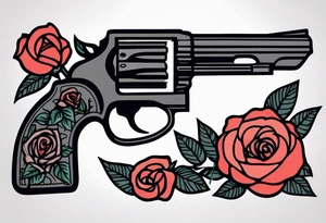 Revolver, roses, plants, pentagram tattoo idea