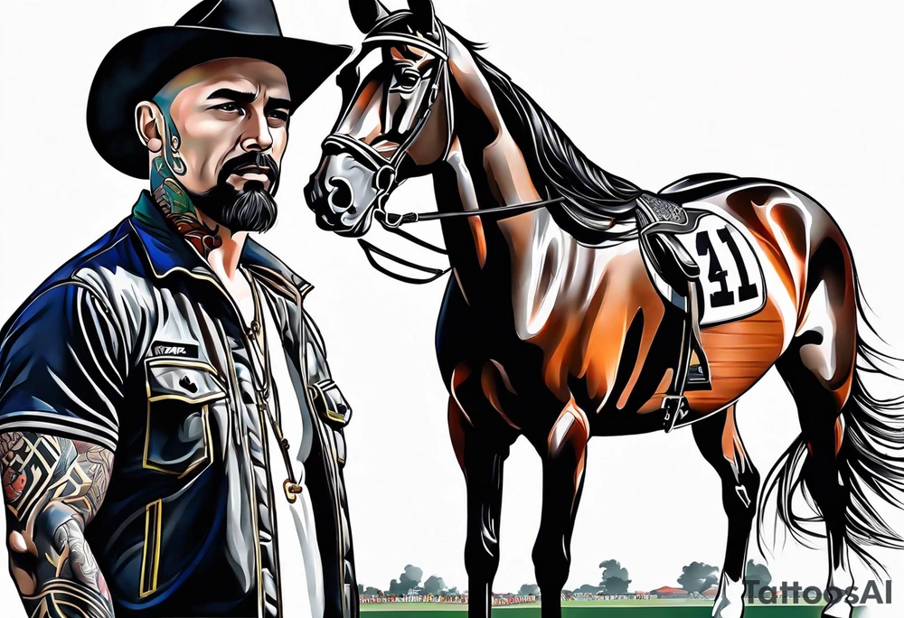 father and son with horse racing in background. tattoo idea