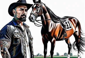 father and son with horse racing in background. tattoo idea