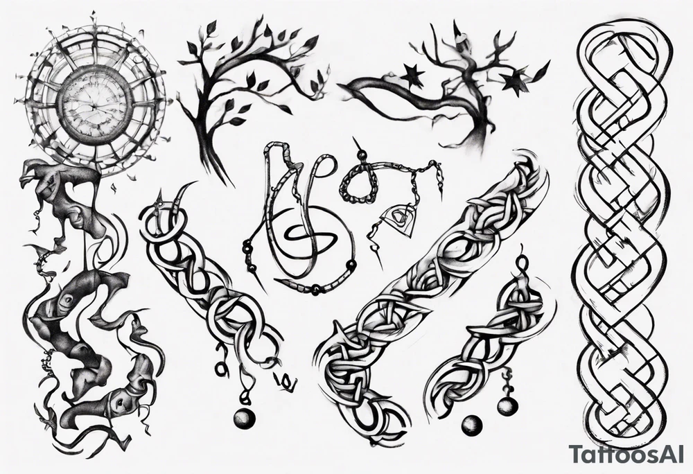 Create a tattoo sketch that visually represents my life journey and the evolution of mindfulness. Consider life as a DNA chain, where each link symbolizes key moments of my development and consciousness. Allow the images to change and transform, reflecting the evolution of my perception and self-understanding over time tattoo idea