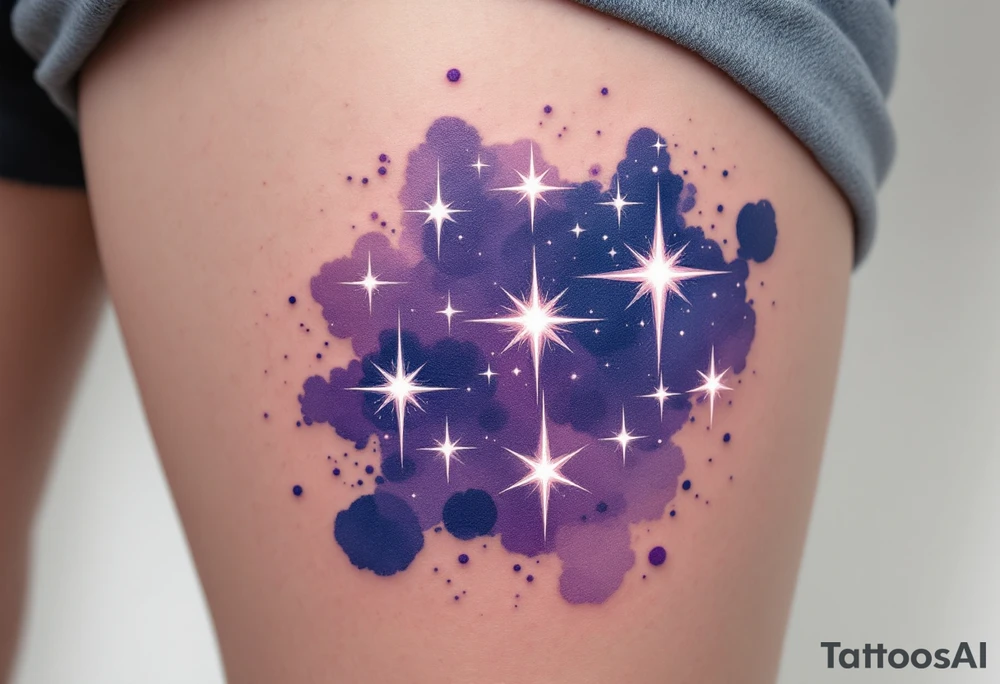Stars of the Capricorn constellation glowing in white ink over a watercolor patch of purple and navy. tattoo idea