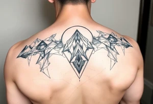 other worldly that covers the upper middle back and is geometric that also uses negative spaces and plays with shading tattoo idea