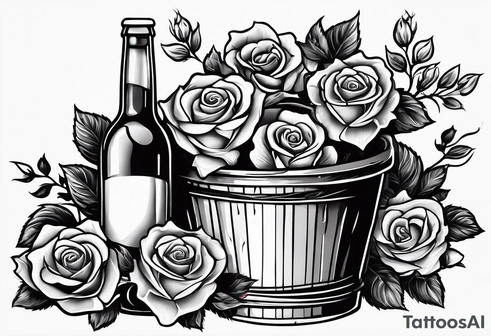 A bottle of beer and a stalk of rose in the bucket tattoo idea