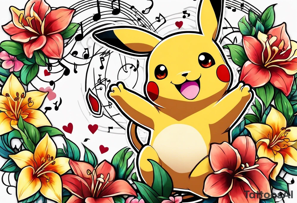 Pickachu and lion with lilies hearts and music notes tattoo idea