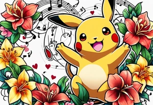 Pickachu and lion with lilies hearts and music notes tattoo idea