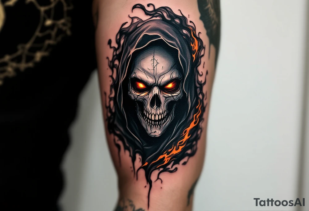A Reaper with burning red eyes cloaked in black smoke with hints of orange fire. tattoo idea