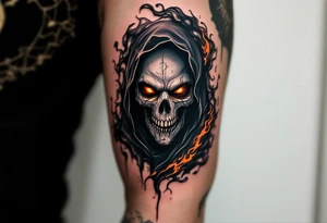 A Reaper with burning red eyes cloaked in black smoke with hints of orange fire. tattoo idea