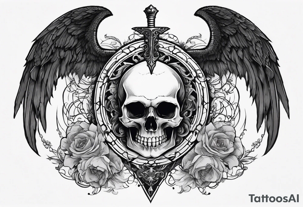 In the center is a skull pierced by a large sword. On either side of the skull, there are spread angel wings, creating an impression of protection and majesty. Beneath the skull is a ribbon that weaves through both the skull and the sword, imparting unity and linking all the elements together. tattoo idea